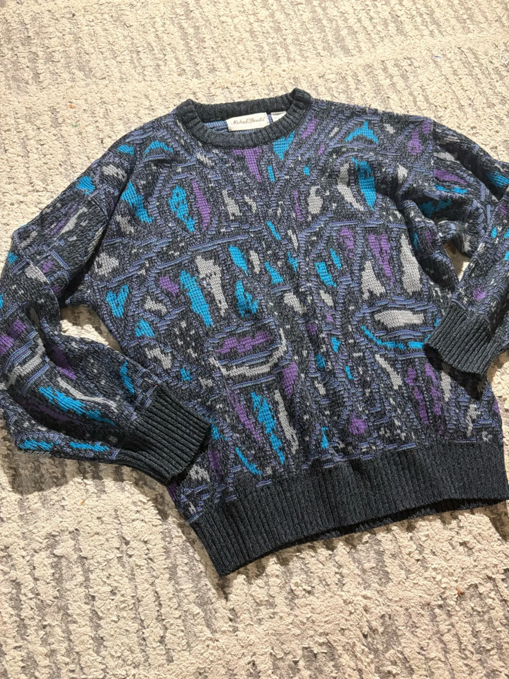 Vintage Michael Gerald blue purple groovy cool pull over crewneck sweater size L
